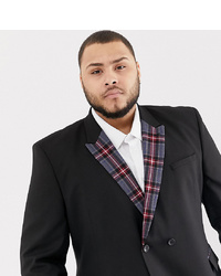 ASOS DESIGN Plus Skinny Double Breasted Blazer In Black With Checked Lapel