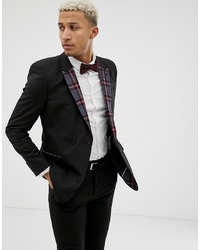 ASOS DESIGN Skinny Double Breasted Blazer In Black With Checked Lapel