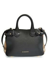 Burberry Small Banner House Check Leather Tote Black
