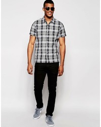 Asos Brand Check Shirt In Black With Revere Collar And Short Sleeves