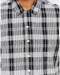 Asos Brand Check Shirt In Black With Revere Collar And Short Sleeves
