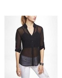 Express Beaded Chiffon Convertible Sleeve Portofino Shirt Black Medium