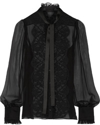 Dolce & Gabbana Pussy Bow Lace Trimmed Silk Blend Chiffon Blouse
