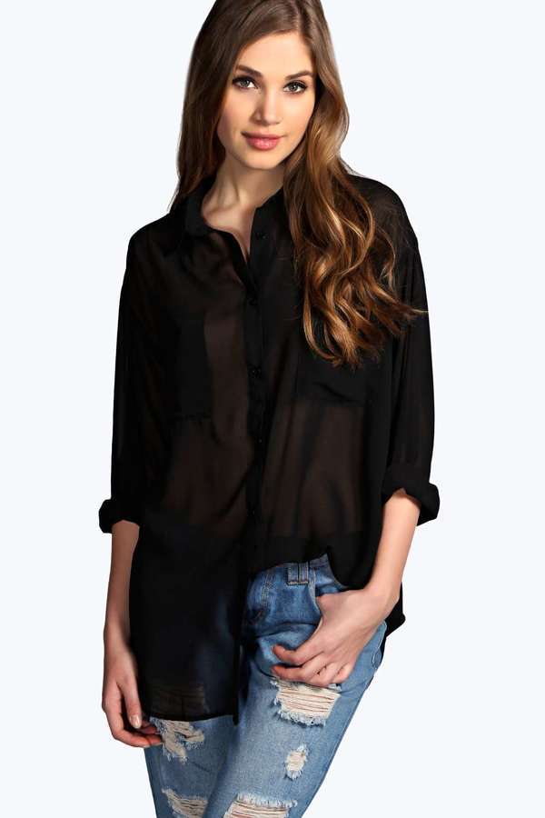 Hjelm Terminologi Jolly Boohoo Chelsea Long Sleeve Oversized Chiffon Shirt, $26 | BooHoo | Lookastic
