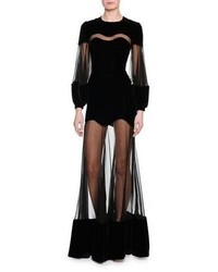 Alexander McQueen Velvet Chiffon Long Sleeve Gown Black