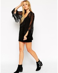 Asos Collection Lace Insert Cropped Kimono With Fringing