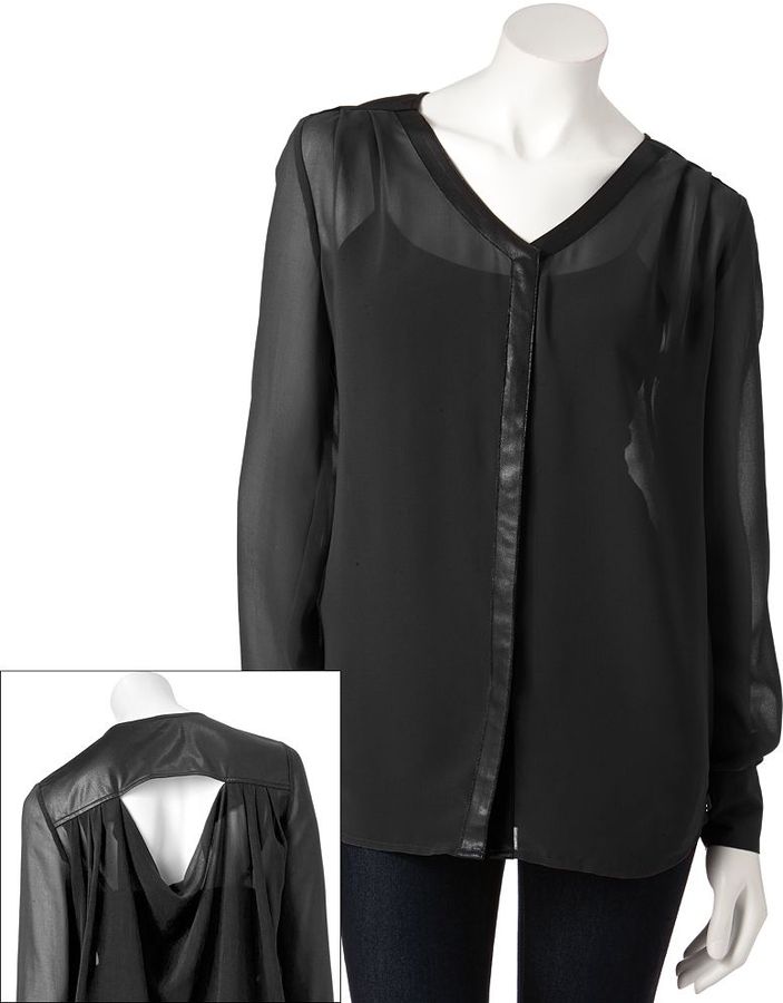 Faux leather-trimmed blouse