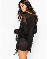 Milk It Sheer Blouse With Lace Insert Bell Sleeve