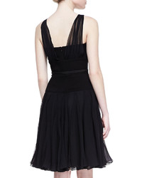 Oscar de la Renta Gathered V Neck Silk Chiffon Dress Black
