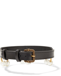 Gucci Leather Gold Tone And Faux Pearl Choker Black