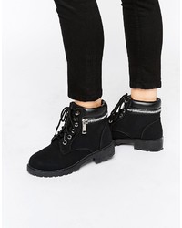 Black Chunky Lace-up Flat Boots