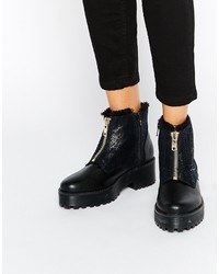 Monki Zip Front Ankle Boots With Faux Fur Detail