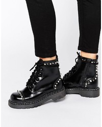 T.U.K. Anarchic Stud Lace Up Chunky Leather Flat Ankle Boots