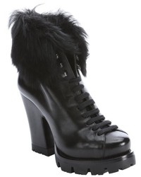Prada Black Leather And Dyed Sheep Lug Sole Platform Ankle Boots