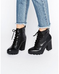 Calvin Klein Jeans Serena Chunky Heeled Leather Lace Up Heeled Ankle Boots