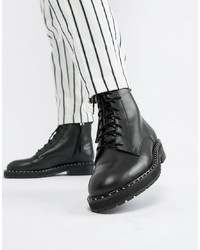 Office Attention Eyelet Chunky Black Leather Boots Leather