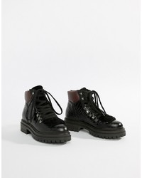 Kurt Geiger London Kurt Geiger Regent Black Printed Leather Croc Effect Flat Lace Up Ankle Boots