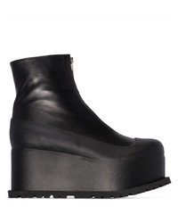 Black Chunky Leather Wedge Ankle Boots