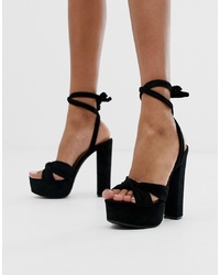 Glamorous Black Knot Detail Ankle Tie Platform Sandals