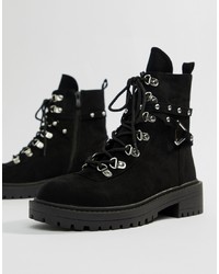 Black Chunky Suede Lace-up Flat Boots