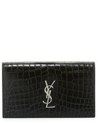 Saint Laurent Kate Monogram Crocodile Embossed Clutch Bag Black