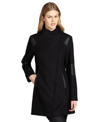 Calvin Klein Black Asymmetrical Wool Coat With Faux Leather Trim