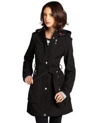 Betsey Johnson Black Softshell Belted Hooded Coat