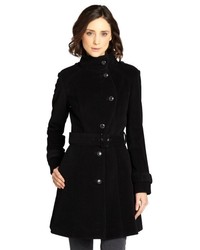 Cole Haan Black Wool Blend Asymmetrical Belted Button Front Coat