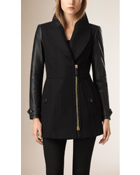 Burberry Brit Wool Cashmere Pea Coat With Lambskin Sleeves