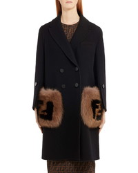 Fendi Double Breasted Wool Coat With Genuine Fox Fur Logo Pockets