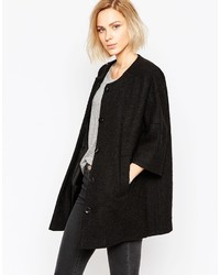 Helene Berman Textured Black Short Collarless Kimono Coat
