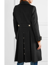 Burberry Leather Trimmed Double Breasted Wool Blend Coat Black