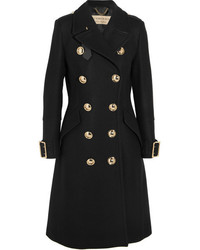 Burberry Leather Trimmed Double Breasted Wool Blend Coat Black