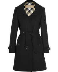 Burberry Leather Trimmed Wool Blend Twill Coat Black