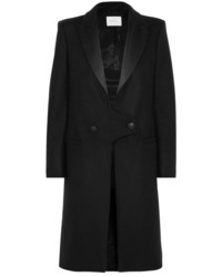 PIERRE BALMAIN Satin Trimmed Wool Coat Black
