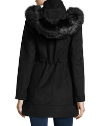Laundry by Shelli Segal Wool Blend Long Sleeve Faux Fur Trim Coat Black