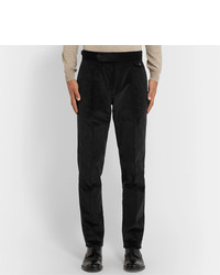 Caruso Black Tapered Pleated Cotton Blend Corduroy Trousers