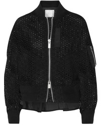 Sacai Shell Trimmed Broderie Anglaise Cotton Bomber Jacket Black