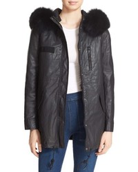 Alice + Olivia Tandy Waxed Cotton Parka With Genuine Fox Fur Collar Vest