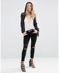 Asos Collection Ridley High Waist Skinny Jeans In Black With Shredded Rips