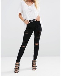 Asos Collection Ridley High Waist Skinny Jeans In Black With Shredded Rips