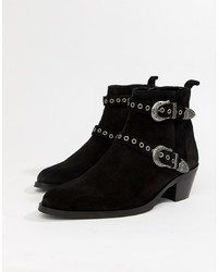 ASOS DESIGN Cuban Heel Boots In Black Suede With Silver Western S