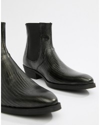 ASOS DESIGN Cuban Heel Western Boots In Black Leather With Snake Texture