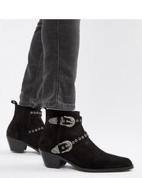 ASOS DESIGN Wide Fit Cuban Heel Boots In Black Suede With Silver Western S