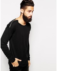 Asos Brand Longline Crew Neck Sweater With Shoulder Zip