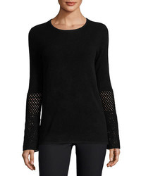 Neiman Marcus Cashmere Collection Cashmere Crochet Sleeve Crewneck Sweater Black