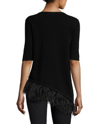 Neiman Marcus Cashmere Collection Cashmere Half Sleeve Feather Trim Top