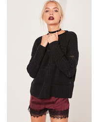 Missguided Black Sheer Detail Cozy Crew Neck Sweater