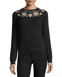 RED Valentino Redvalentino Ribbed Wool Sweater W Hand Stitched Flowers