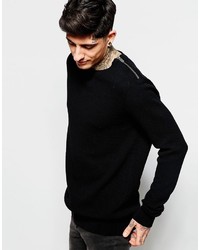 Lindbergh Sweater With Textured Knit Zip Shoulder